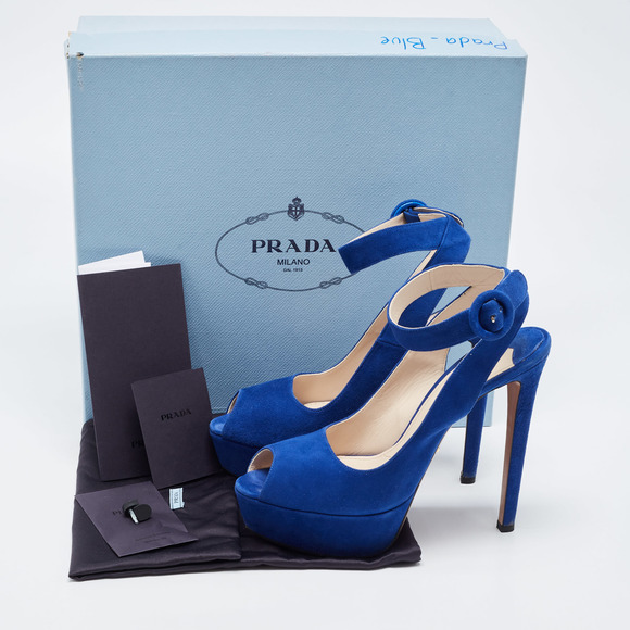 Prada Blue Suede Peep Toe Platform Ankle Strap Sandals Size 39 - Picture 8 of 8